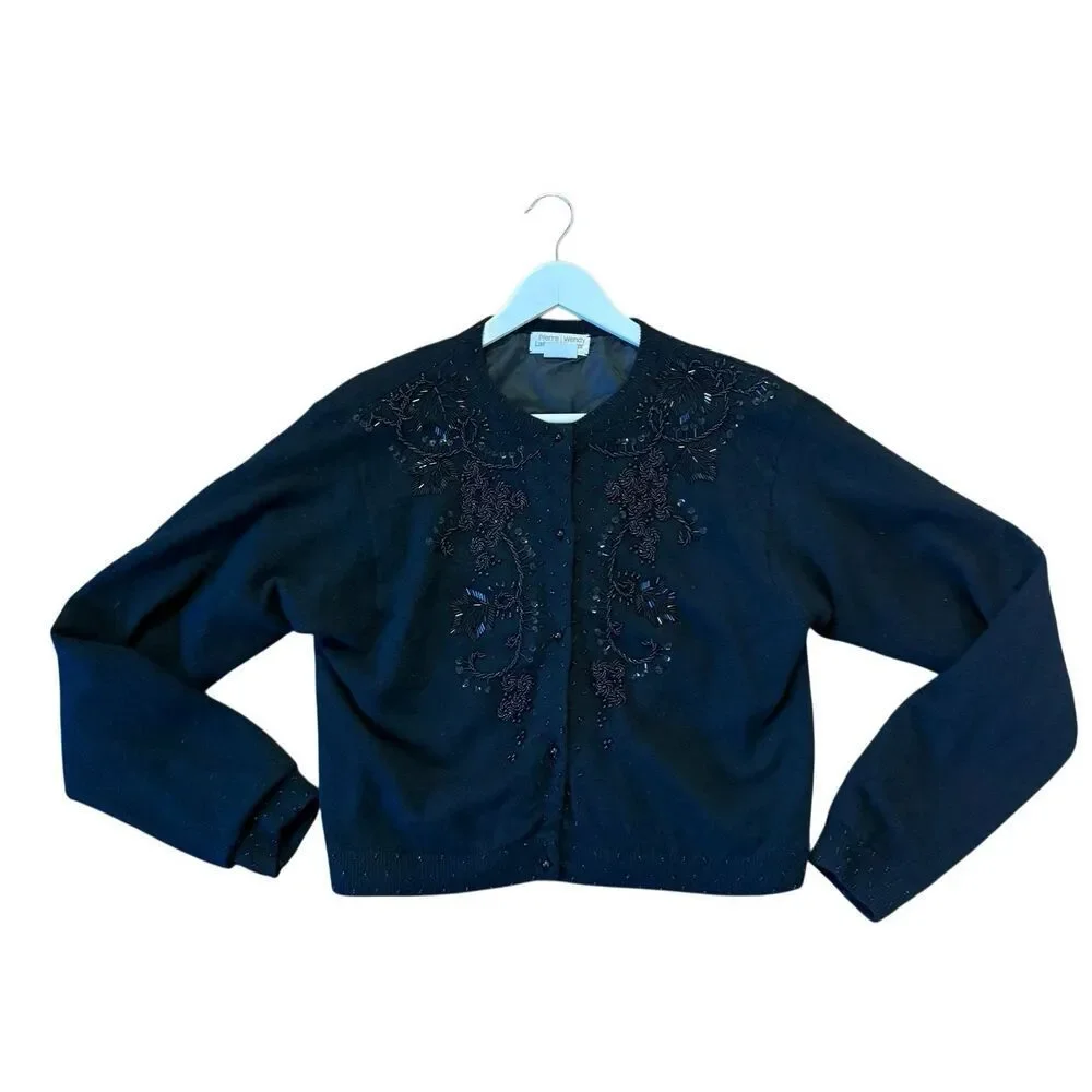Pierre Lefond Wendy Foster Vintage black wool angora beaded cardigan sweater M - Picture 12 of 12